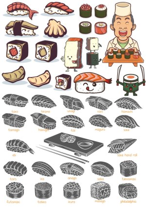 Variety of Sushi Types with Cartoon Characters and Chef Free Vector