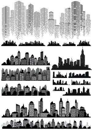 Collection of Urban City Skyline Silhouettes and High-rise Buildings Free Vector