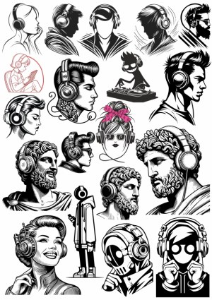 Assorted Black and White Head Silhouettes Wearing Headphones Vector Set Free Vector