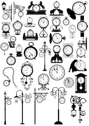 Black and White Vintage Clock Silhouettes Vector Collection Free Vector