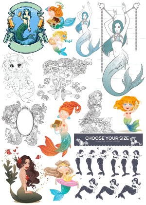 Diverse Collection of Cartoon and Stylized Mermaids Vector Illustrations Free Vector