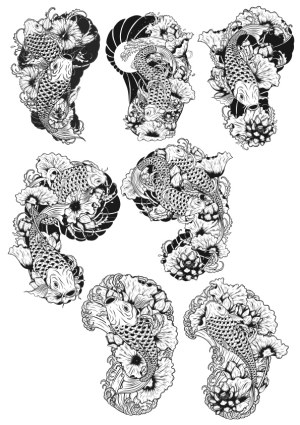Black and White Koi Fish with Flowers Vector Set Free Vector