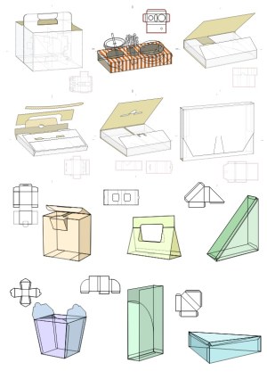 3D Renderings and Templates of Various Packaging Box Designs Free Vector