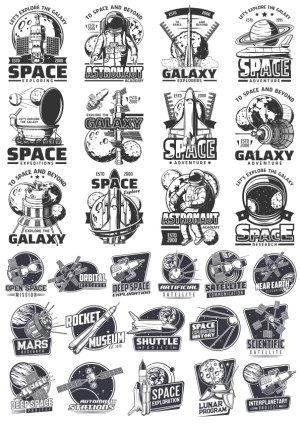 Space and Galaxy Exploration Vintage Badge Set Free Vector