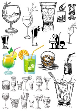 Collection of Hand-Drawn and Colored Cocktail and Beverage Glasses Free Vector
