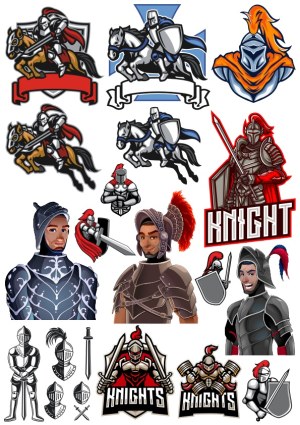 Medieval Knights Vector Set with Armor, Horses, and Shields Free Vector