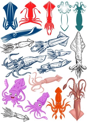 Collection of Squid and Octopus Vector Illustrations in Various Styles Free Vector