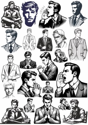 Collection of Vintage Male Portraits and Gestures in Suits Free Vector