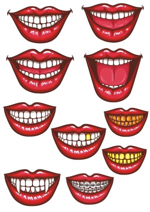 Cartoon Red Lips with Various Smile Expressions and Teeth Styles Free Vector