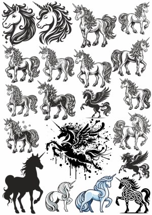 Collection of Unicorn and Pegasus Vector Illustrations Free Vector