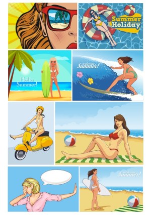 Summer Holiday Vector Illustrations with Beach, Surfing, and Scooter Scenes Free Vector