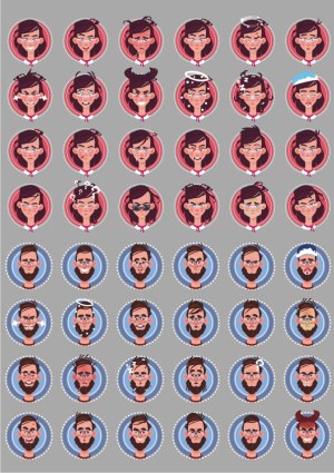 Cartoon Face Avatars Set with Various Emotions for Male and Female Characters Free Vector