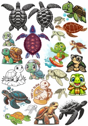 Diverse Collection of Colorful and Black-and-White Turtle and Tortoise Vectors Free Vector