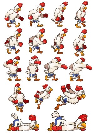 Cartoon Boxing Rooster Character Walking, Punching and Falling Vector Set Free Vector
