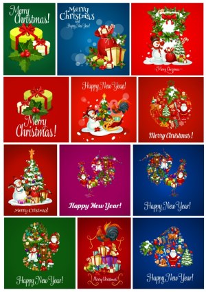 Christmas and New Year Holiday Vector Icons and Greeting Cards Free Vector