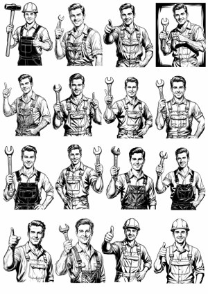 Male Construction Worker and Mechanic Line Art Set with Tools and Thumbs Up Free Vector