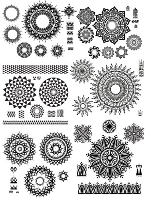 Black Ornamental Circular Mandala and Geometric Borders Collection Free Vector