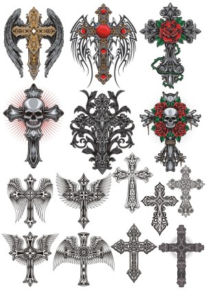 Collection of Ornate Gothic and Tattoo Style Crosses with Skulls, Wings, and Roses Free Vector