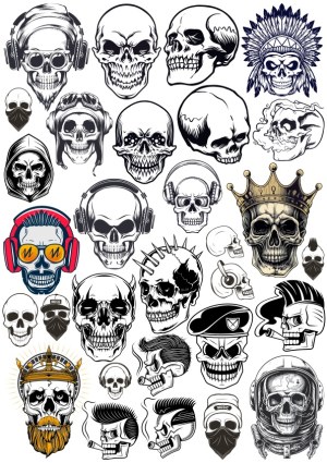 Collection of Various Skull Illustrations with Headphones, Hats, and Accessories Free Vector