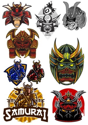 Collection of Samurai Warrior Helmets and Figures Art Free Vector