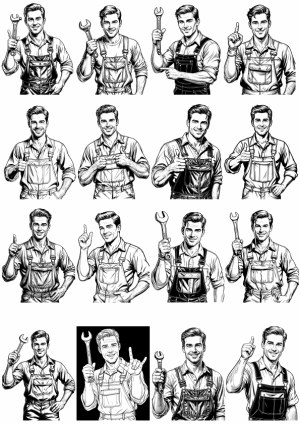 Handyman Male Worker with Wrench Various Poses Black and White Vector Set Free Vector