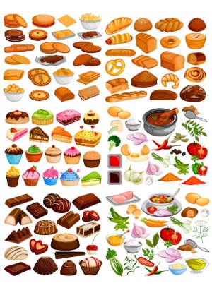 Collection of Bakery, Desserts, Chocolates, and Cooking Ingredients Vector Icons Free Vector