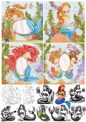 Colorful and Black-and-White Mermaid Illustrations with Mirrors and Themes Free Vector
