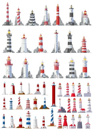 Collection of Various Vector Lighthouse Illustrations Free Vector