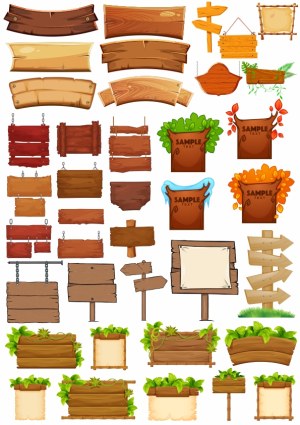 Collection of Wood and Leaf Decorative Signboards and Directional Signs Free Vector