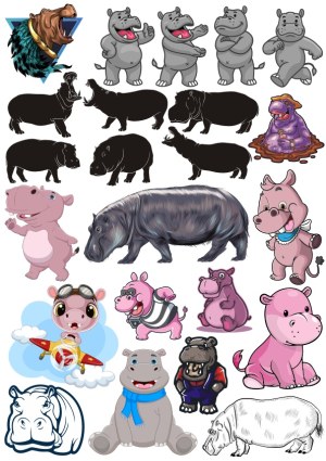 Hippo Cartoon and Silhouette Vector Collection Free Vector