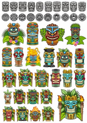 Colorful Polynesian Tiki Masks and Tribal Symbols Vector Set Free Vector