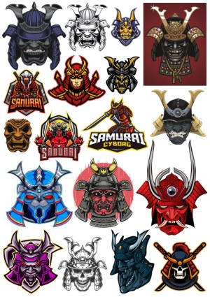 Collection of Samurai Helmet and Mask Vector Illustrations Free Vector