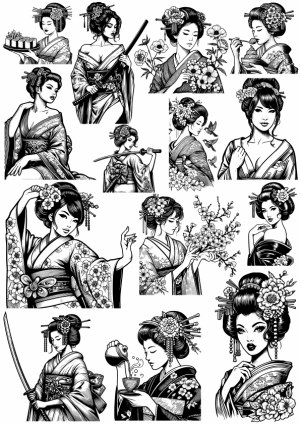 Japanese Geisha Women Vector Illustrations Set Free Vector