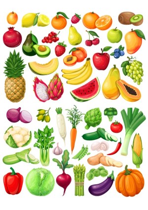 Colorful Vector Collection of Various Fruits and Vegetables Free Vector