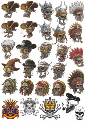 Skull Character Illustrations with Various Hats and Themes Free Vector