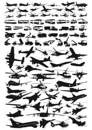 Silhouettes of Various Aircraft and Vehicles Vector Set Free Vector
