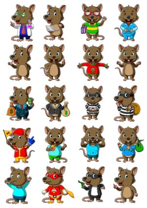 Set of Cartoon Rat Characters in Various Costumes and Actions Free Vector