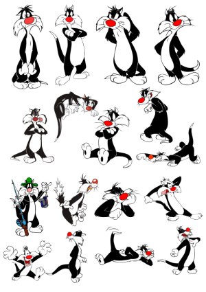 Black and White Cartoon Cat Expressions and Poses Free Vector