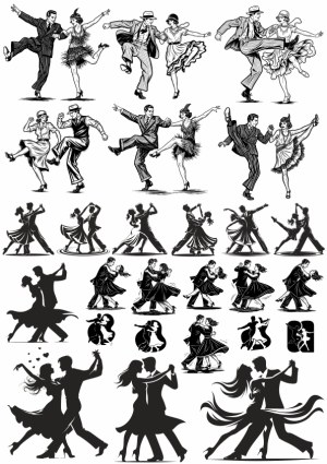 Vintage and Modern Dancing Couples Silhouettes and Line Art Free Vector