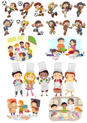 Vector Set of Kids Playing Soccer, Engaged in Creative Arts, and Cooking Activities Free Vector