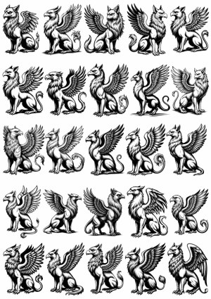 Set of Black and White Griffin Illustrations in Various Poses Free Vector