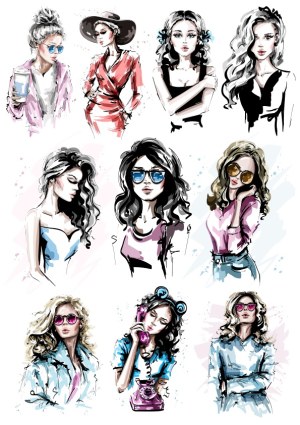 Fashion Illustration Collection of Stylish Women Portraits Free Vector
