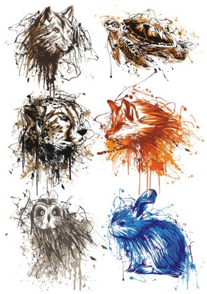 Abstract Splatter Animal Heads and Turtle Vector Illustrations Free Vector