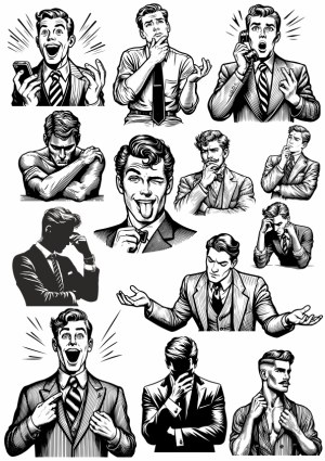 Vintage Black and White Illustrations of Businessmen Expressing Various Emotions Free Vector