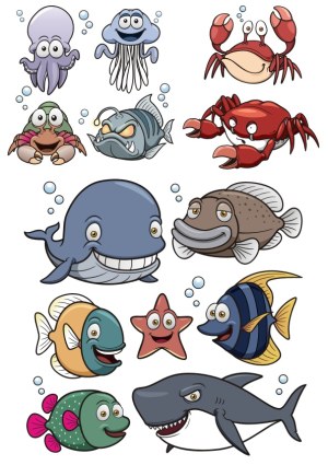 Cartoon Sea Animals and Fish Collection Free Vector