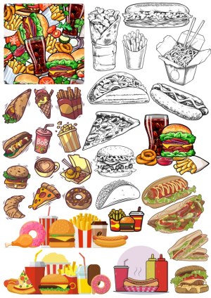 Variety of Fast Food and Snack Vector Illustrations Free Vector
