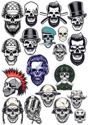 Collection of Stylized Skull Icons with Various Helmets and Accessories Free Vector