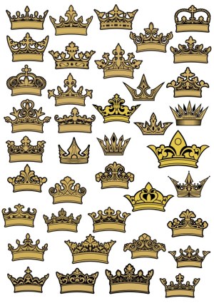Collection of Ornate Gold Crowns in Various Royal Designs Free Vector