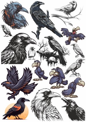 Collection of Raven and Crow Illustrations and Cartoon Birds Free Vector