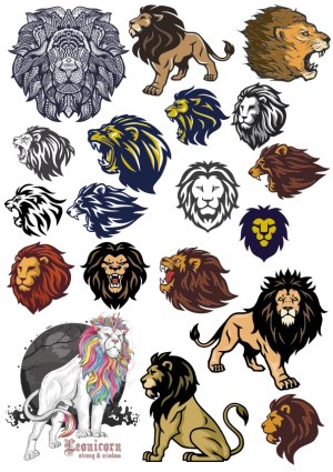 Collection of Stylized Lion Head and Full-Body Vector Illustrations Free Vector